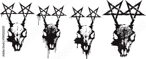 four black goat skulls with dripping pentagrams and splattered ink abstract design