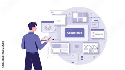 man managing content hub dashboard flat illustration digital content management system workflow analytics interface modern design