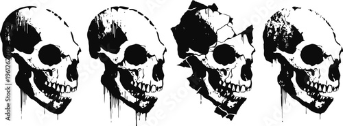 grunge skull variations black and white stylized human skulls with distress and damage effects