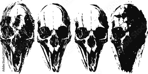 set of four black and white stylized bird skull illustrations with abstract textures and grunge effects