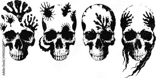 Set of four artistic skull illustrations with abstract ink splatter designs in black and white