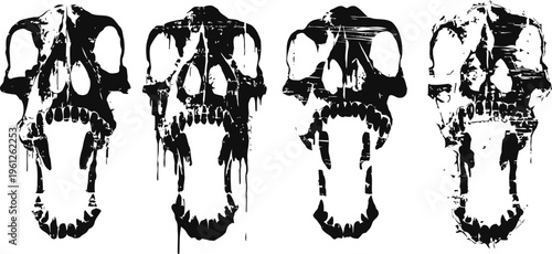 Four black ink skull silhouettes in descending order of detail with dripping paint effect