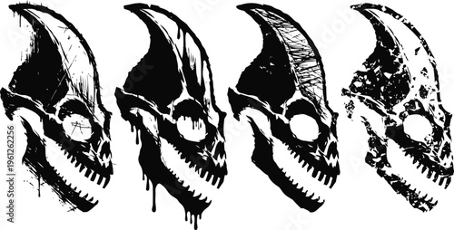 grunge skull design set with horn and hollow eye sockets in various deteriorated styles