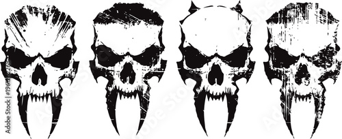 Grunge skull designs with sharp teeth and abstract details set of four dark gothic horror illustrations