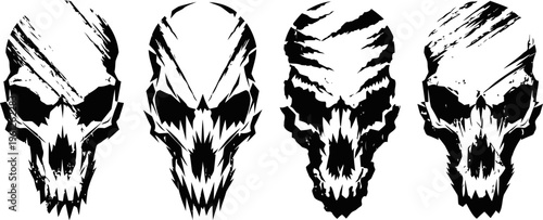 Four edgy skull illustrations with torn bandage wraps, dark gothic horror and tattoo design elements