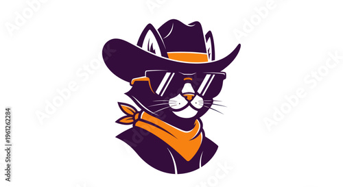 Stylized cartoon cat with cowboy hat and sunglasses vector illustration