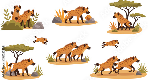 Spotted Hyena Wildlife Illustration Set Showing African Animals in Natural Savannah Habitat with Running, Standing, and Group Behavior Scenes in Vector Style.