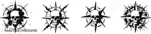 Grunge skull with spiked compass design gothic tattoo emblem set, dark edgy illustration