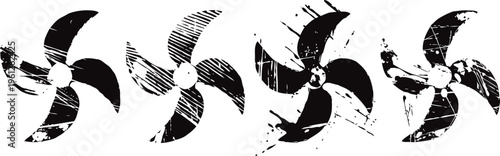 grunge black and white spinning pinwheel icons set with textured distressed effect