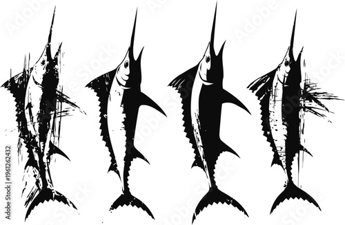 Four silhouette swordfish with splatter design on white background, ocean marine life illustration