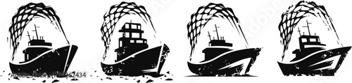 Fishing boat with net catching fish silhouette set, maritime, ocean, sea, and fishing industry concept