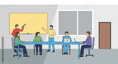 Diverse team collaborating around conference table in modern office with man writing on yellow board in bright colorful lighting for business presentation