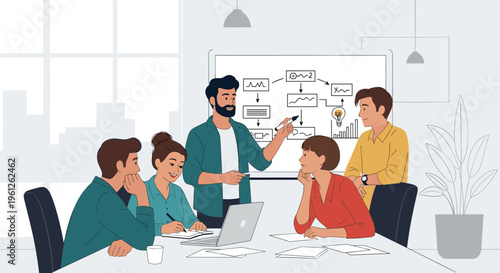 Diverse team brainstorming meeting in modern office with whiteboard presentation in bright corporate lighting for business strategy