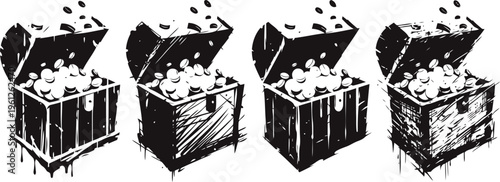 hand drawn vintage treasure chests filled with coins, rustic wooden boxes, treasure hunting concept