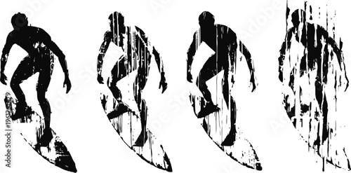 Grunge surfer silhouette sequence riding ocean waves black ink brush strokes