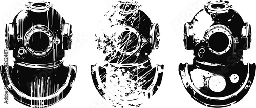 vintage deep sea diving helmets set marine underwater exploration equipment isolated on white