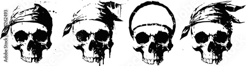 Pirate skulls collection with bandanas and eyepatch in black and white design