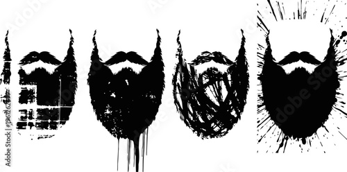 Four black grunge beard and mustache silhouettes with textured distressed effects