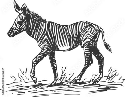 Hand drawn zebra walking on grassy ground black and white sketch of wild african animal in nature