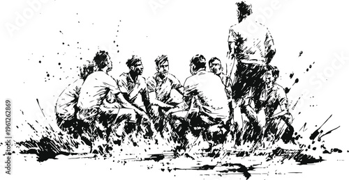 rugby team huddle meeting on the field sports players in discussion, strategy and teamwork moment competitive group preparing for the game