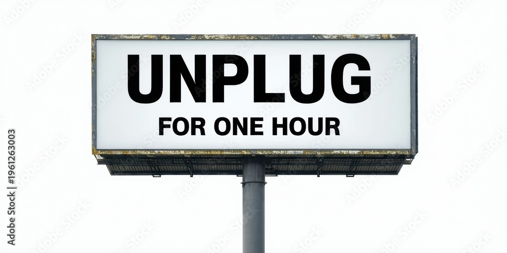 Fototapeta premium Billboard displays message Unplug for one hour. Simple text on white background, gray support structure. Sky visible.