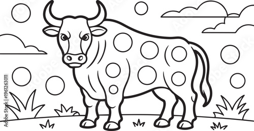 A black and white dotted cow standing in a grassy field under a starry sky