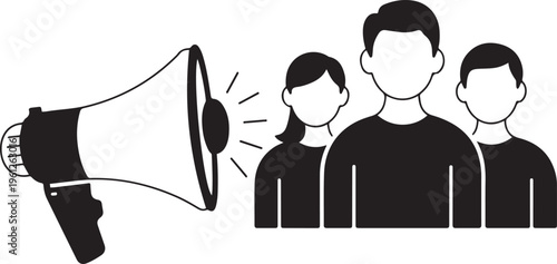 Megaphone addressing a group of three diverse individuals.