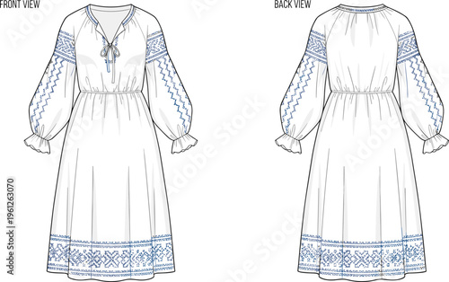 Elegant Bohemian embroidered maxi dress vector front and back view traditional folk style fashion illustration design