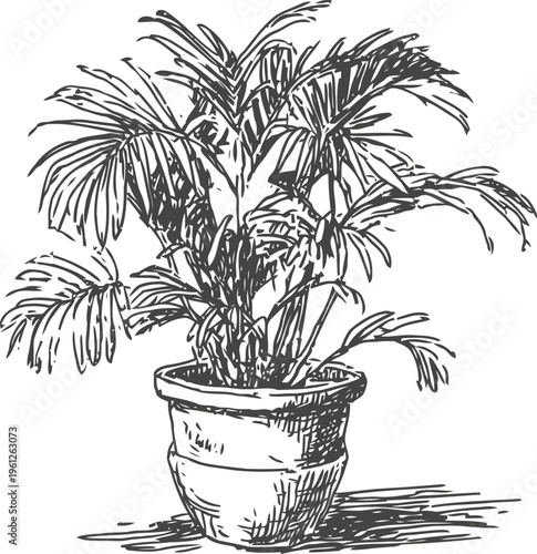 Potted palm plant hand drawn sketch houseplant with long leaves in ceramic flowerpot, indoor decoration
