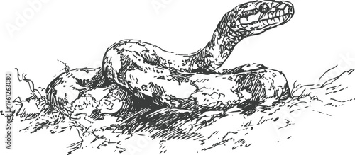 hand drawn snake coiled on the ground vintage black and white reptile illustration