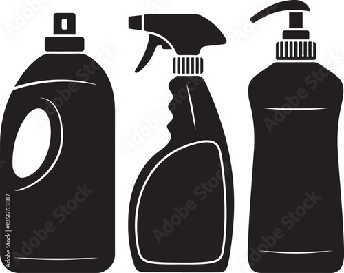 Three types of cleaning product bottles with different spray mechanisms