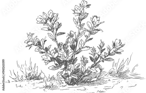 Desert shrub bush with sparse leaves growing on dry sandy soil in arid landscape