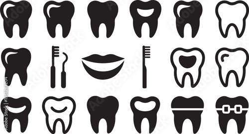 Collection of black and white dental and oral hygiene icons
