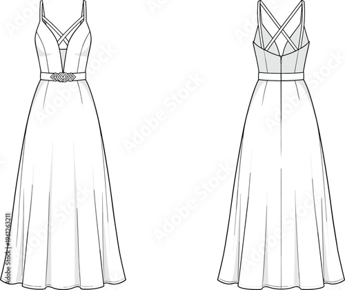 Elegant sleeveless maxi dress with straps vector front and back view evening fashion illustration design