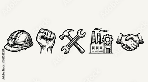 Black-and-white icons representing labor, solidarity, and industry: construction helmet, raised fist, crossed tools, factory with gears, and handshake, symbolizing unity, work, cooperation, and indust