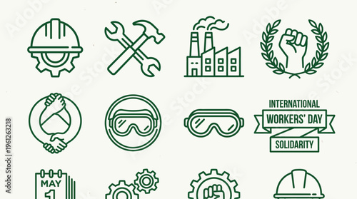 Green line icons symbolizing workers’ rights, May Day solidarity, unity, safety, industry, factories, tools, raised fists, handshakes, and labor empowerment in a clean modern illustrative style.