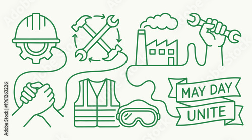 Green line icons symbolizing workers’ rights, May Day solidarity, unity, safety, industry, factories, tools, raised fists, handshakes, and labor empowerment in a clean modern illustrative style.