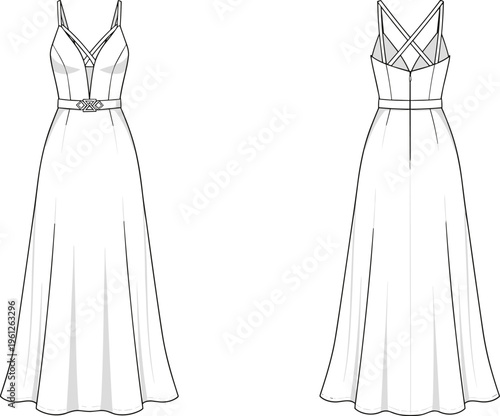 Elegant strappy back maxi dress vector front and back view sleeveless evening fashion illustration design