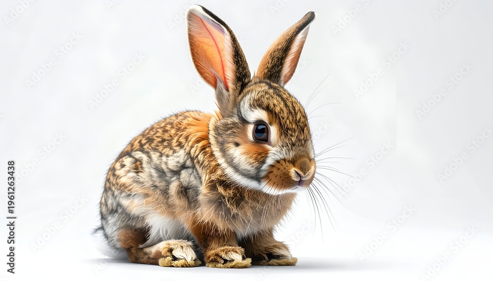 Obraz premium A fluffy rabbit sits on a white background, ears upright. Fur is brown and gray