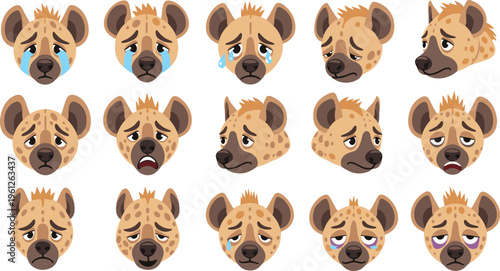 Sad Hyena Facial Expression Set Featuring Emotional Cartoon Animal Faces with Crying, Worried, Tired, and Depressed Moods for Vector Design Projects.