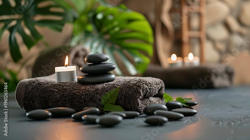 A serene spa setting with stacked heated stones and lit candles on a textured surface