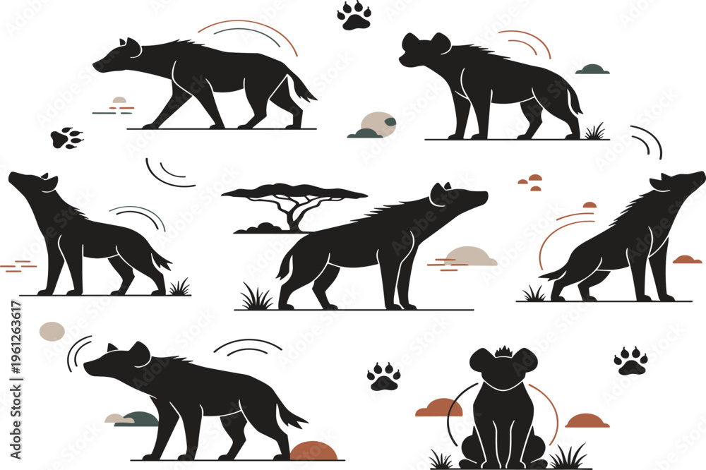 Fototapeta premium Hyena Silhouette Set Featuring African Wildlife Animal Shapes in Various Poses with Savanna Elements for Nature, Safari, and Graphic Design Projects.
