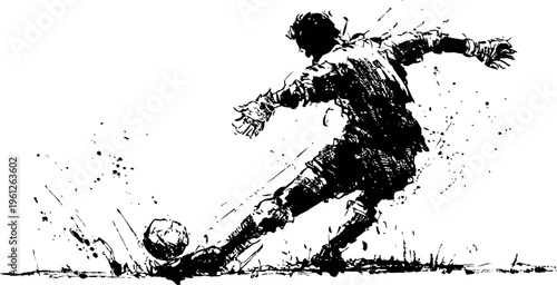 dynamic silhouette of soccer player kicking ball with splatter ink effect in action