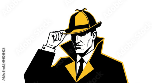 Detective with hat raised in monochrome vector illustration on white background
