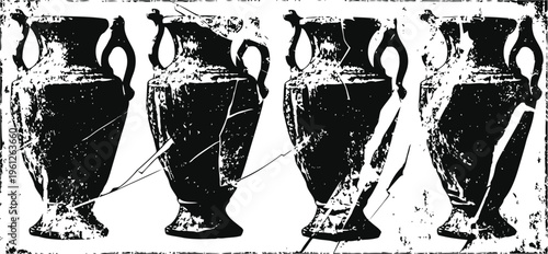 ancient ceramic amphorae vessels with handles and narrow necks, black and white vintage