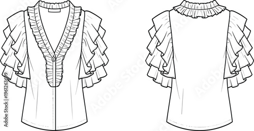Ruffle sleeve blouse vector front and back view v neck feminine fashion illustration design top