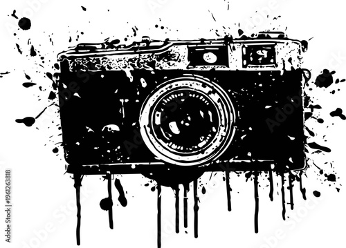 Vintage camera illustration with ink splatters and drips, artistic monochrome design