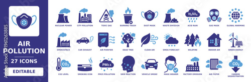 Air Pollution solid vector glyph icon set featuring global warming, toxic gas, factory emission, smog forecast, gas mask, and carbon sequestration icons.