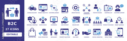 B2C solid vector glyph icon set including customer journey, online shop, express delivery, retail store, shopping bag, sales promotion, and customer experience icons.