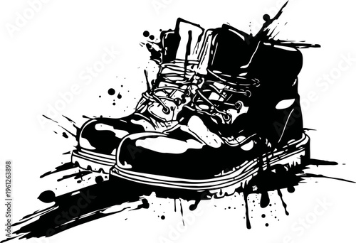 Black grunge army boots illustration with splattered paint effect in vintage